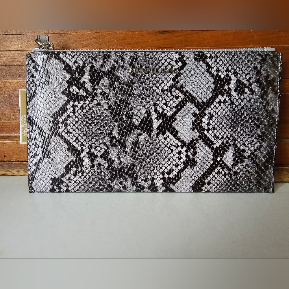 Michael Kors Jet Set Snake Print Clutch in Black and Gray NWT